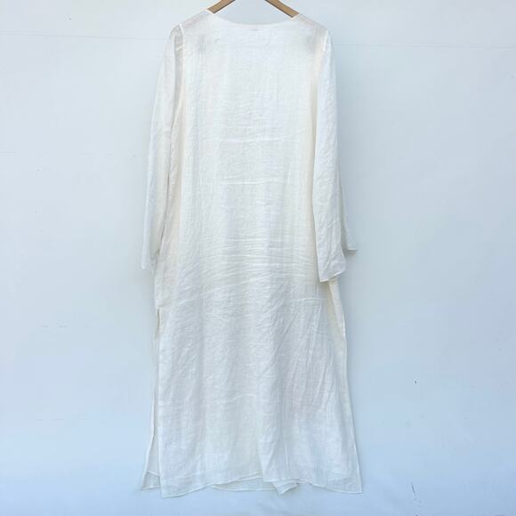 Juan de Dios Lisa Linen Midi Dress Embroidered Palm White Medium Caftan Cover-Up - Picture 12 of 13